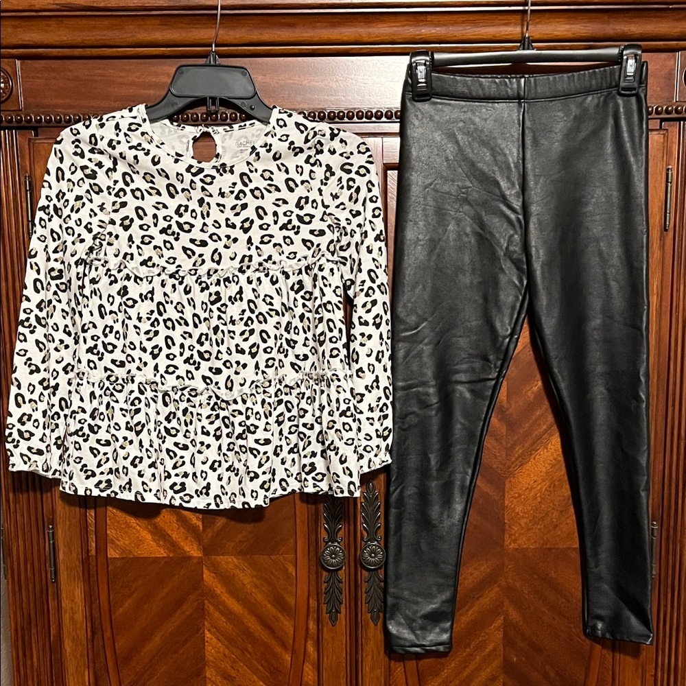Rachel Zoe Girl’s Animal Print Top and Black PleatherLeggings Set